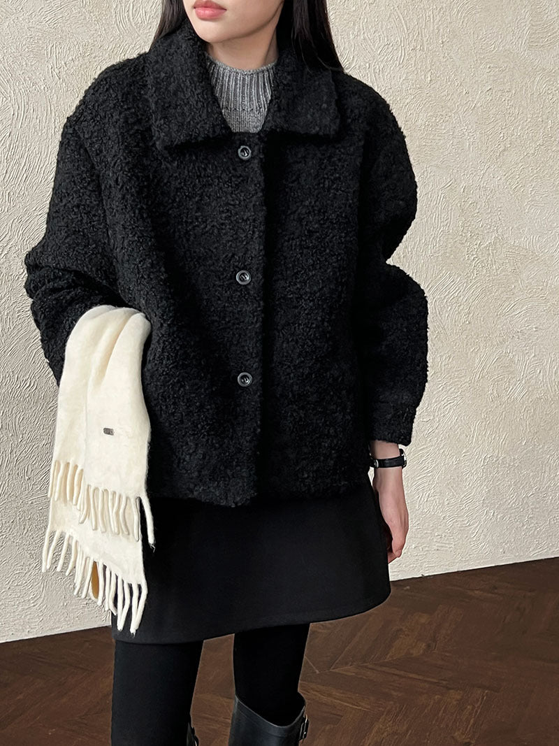 韓版單排扣短款羊羔毛翻領外套-2色