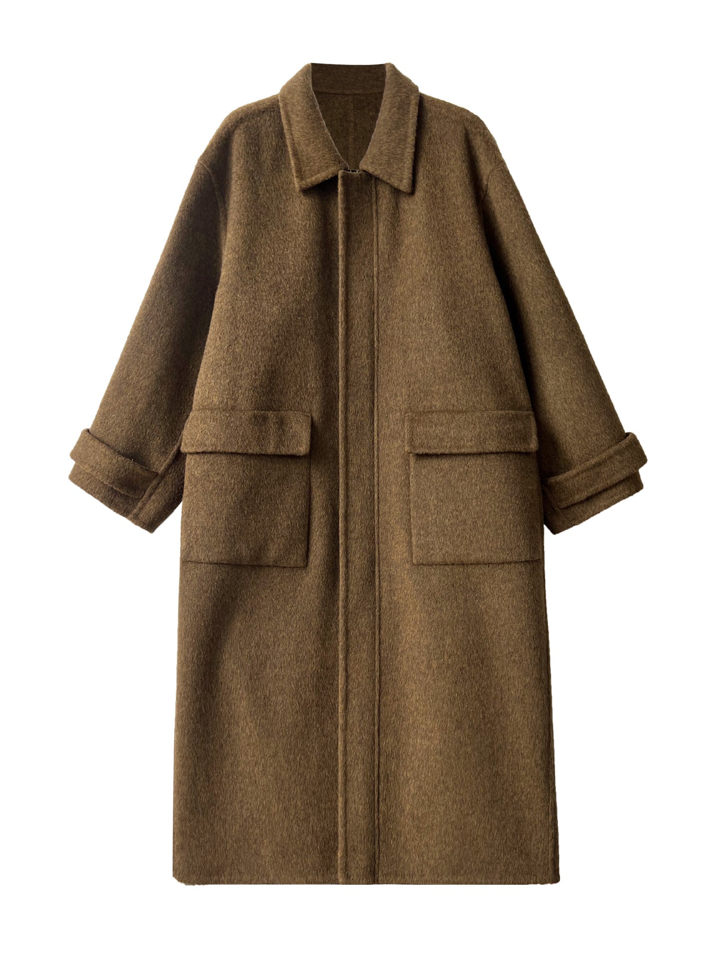 韓系高質感羊毛翻領拉鍊雙面呢大衣外套-2色