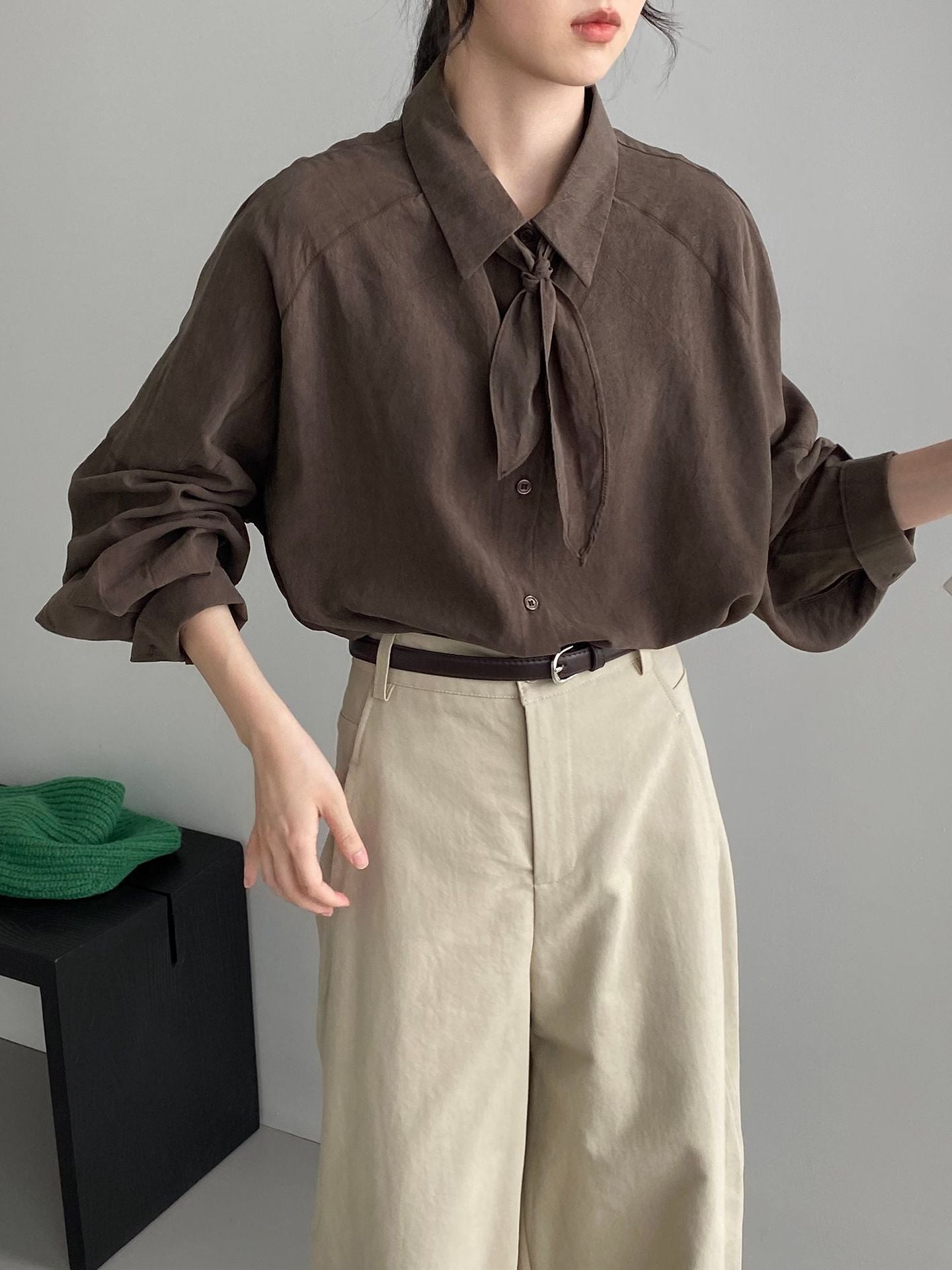 韓系氣質天絲萊賽爾寬鬆襯衫+領結-2色