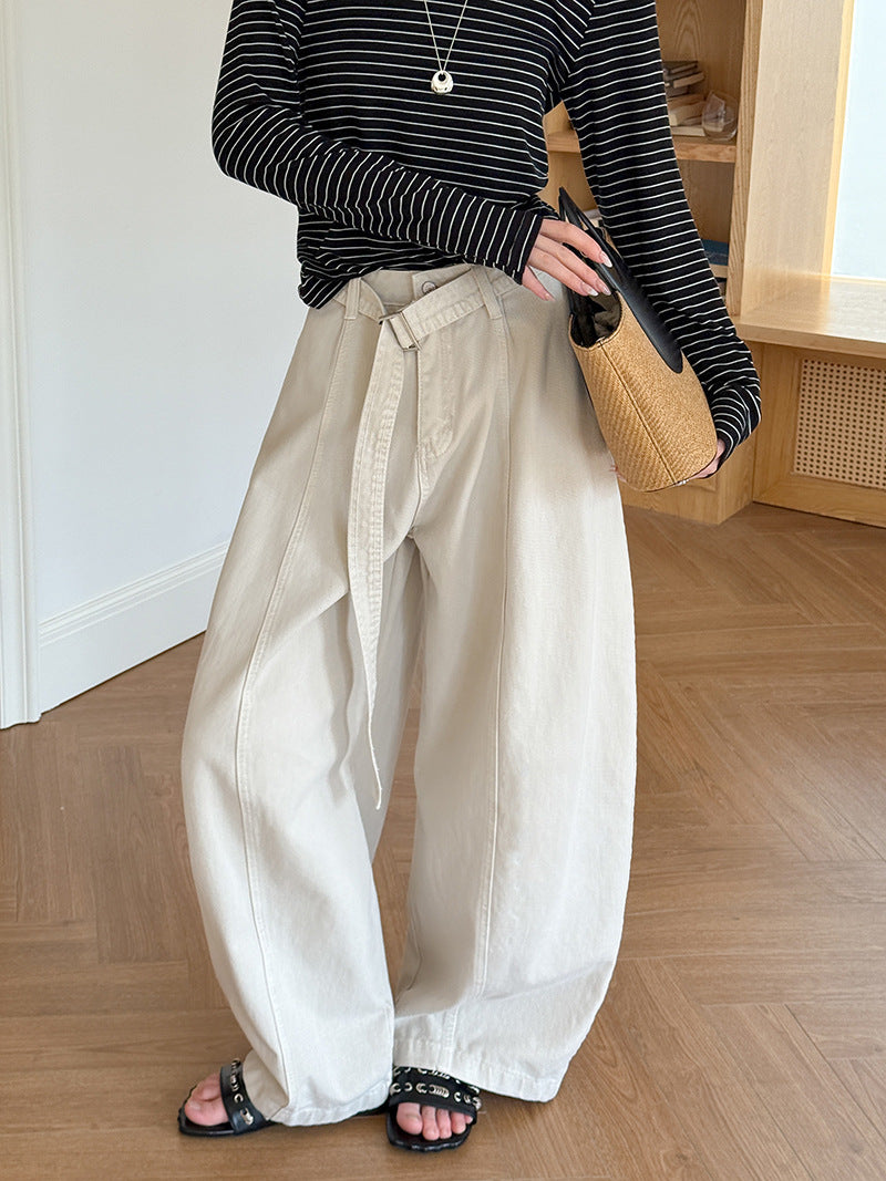 韓系復古高腰寬鬆顯瘦闊腿牛仔褲+腰帶-3色