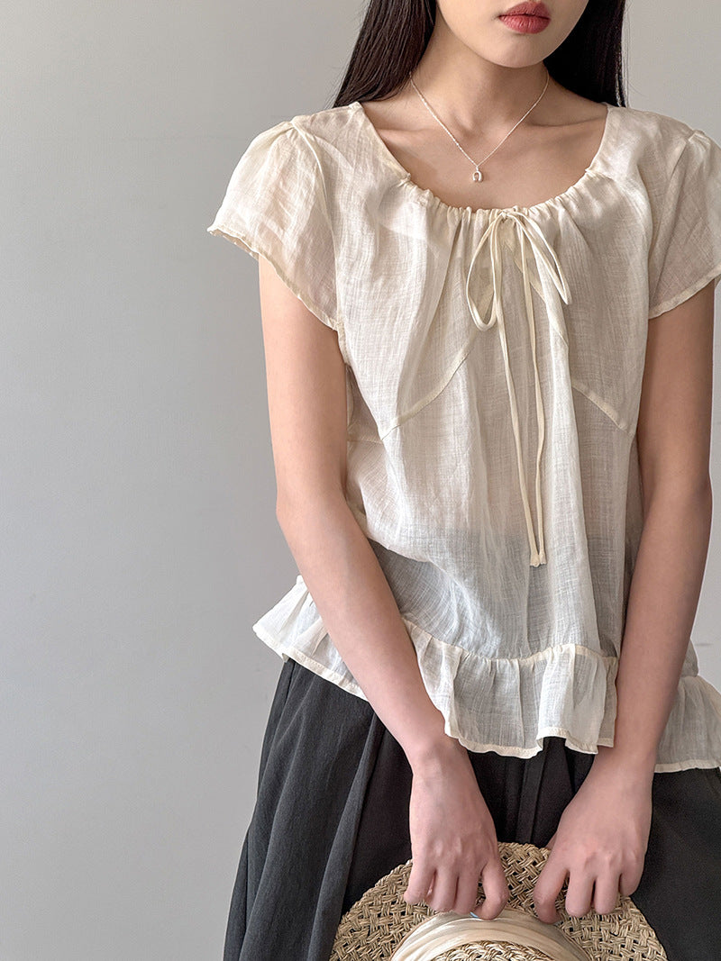 韓系文藝復古風苧麻素色圓領短袖襯衫-3色