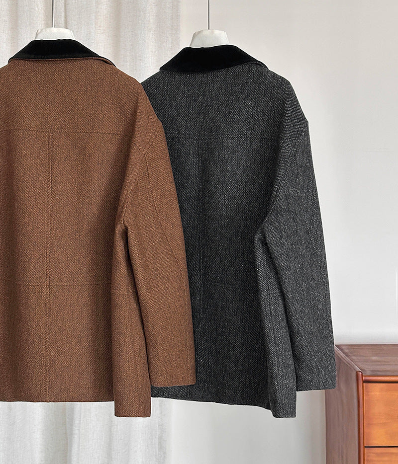 韓系復古翻領氣質撞色羊毛夾克外套-2色