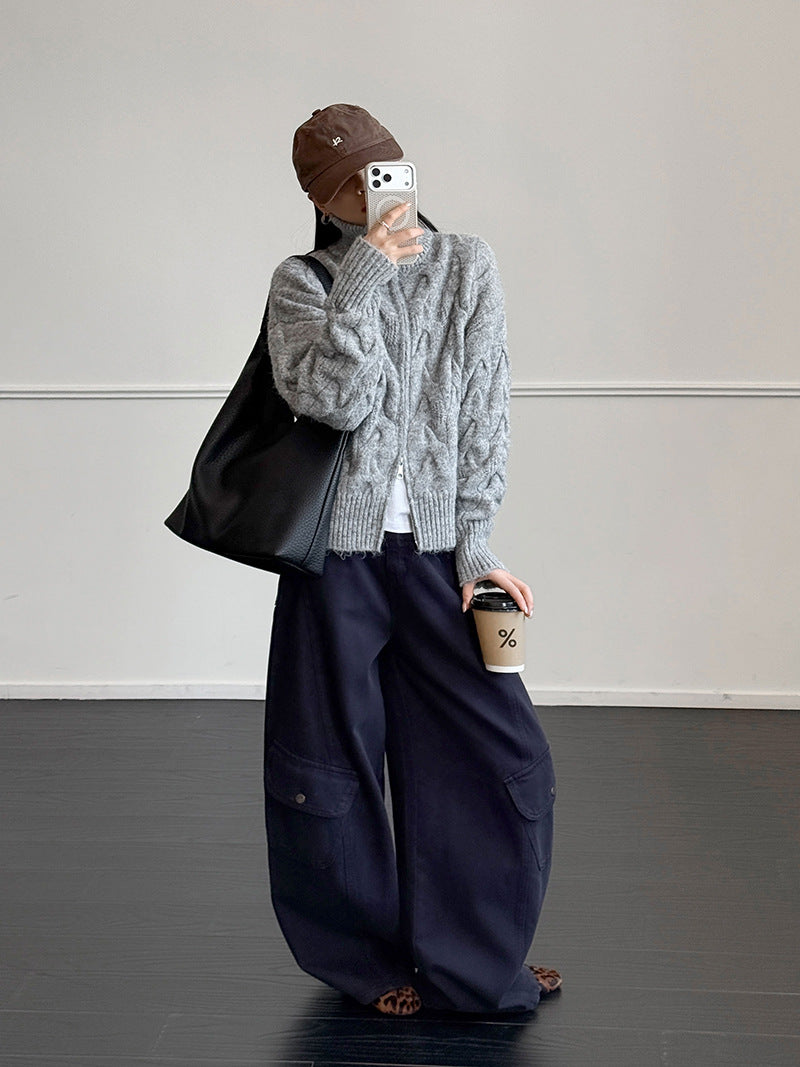 韓系慵懶風立領拉鍊寬鬆針織外套-2色
