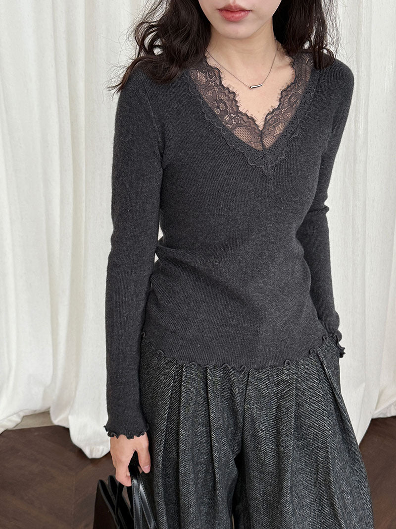法式修身氣質蕾絲V領顯瘦內搭針織上衣-3色