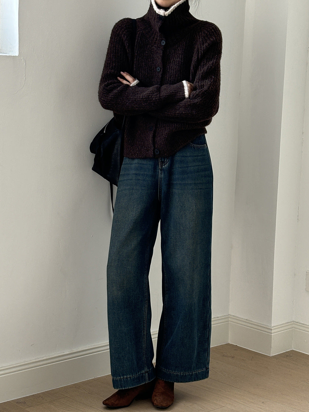 (48H出貨)韓系慵懶撞色翻領單排扣毛衣開衫外套-4色