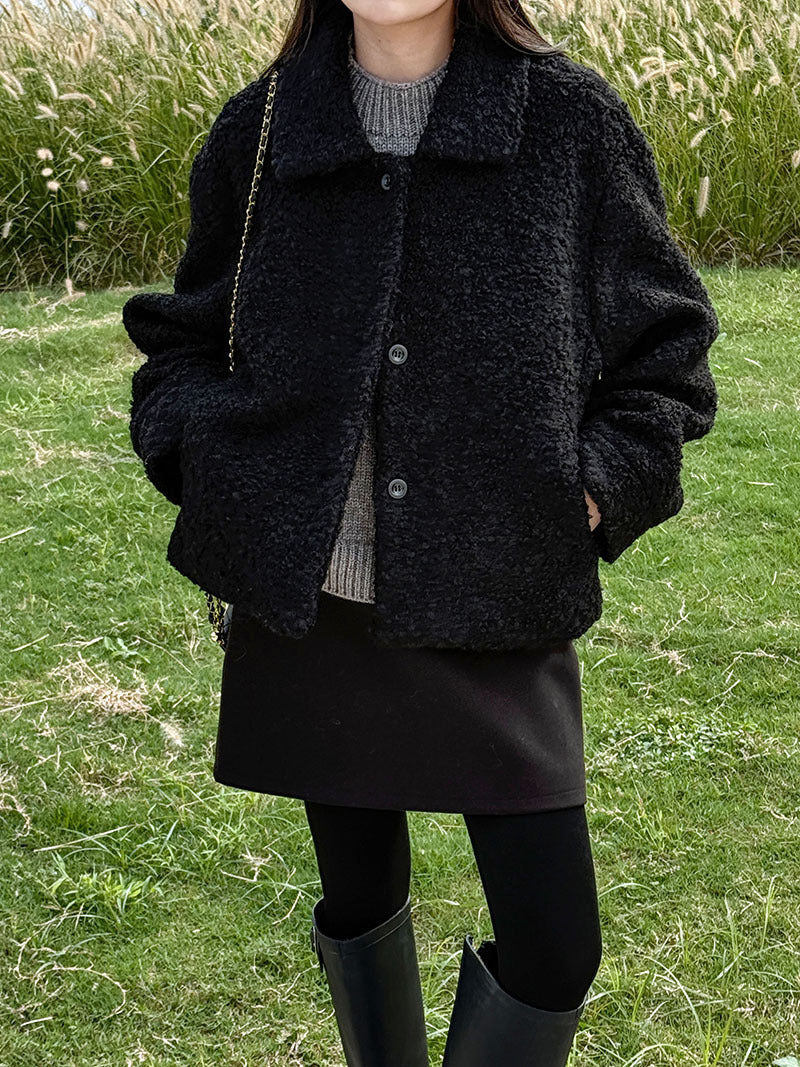 韓版單排扣短款羊羔毛翻領外套-2色
