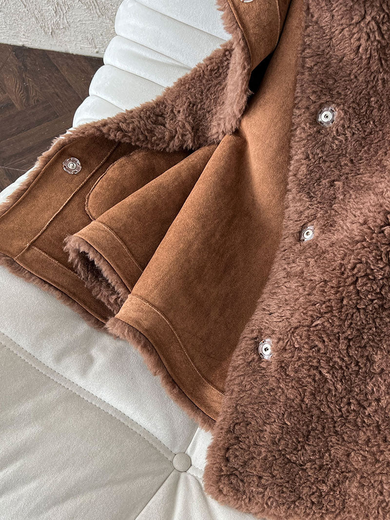 美拉德立領羊羔毛皮毛一體外套大衣-2色