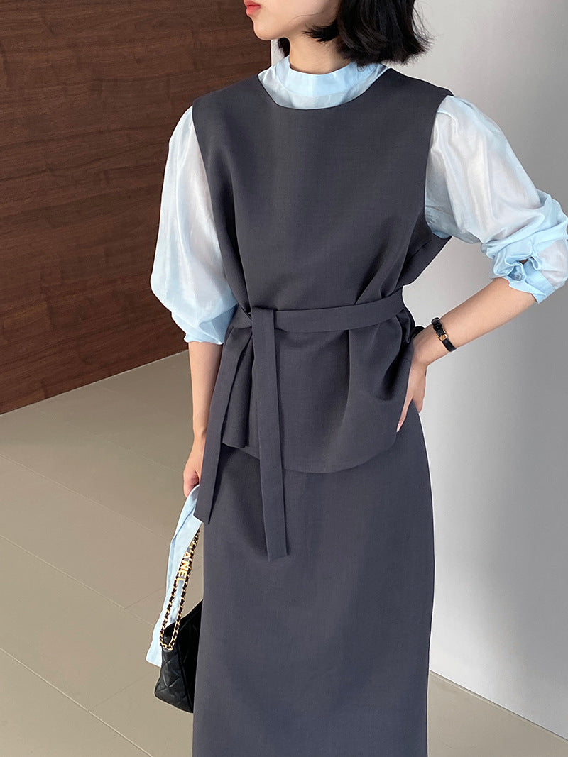 韓版高品質顯瘦西裝無袖馬甲+半身裙+配腰帶-三件式套裝