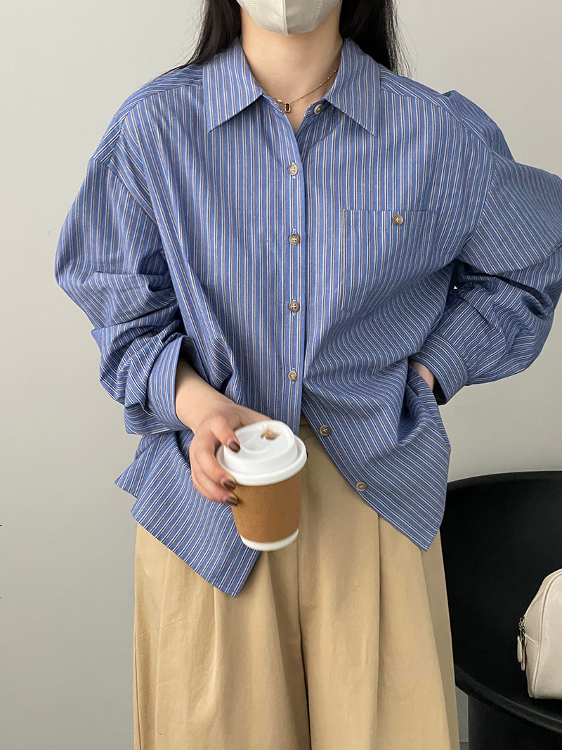 日系文藝條紋寬鬆長袖襯衫-2色