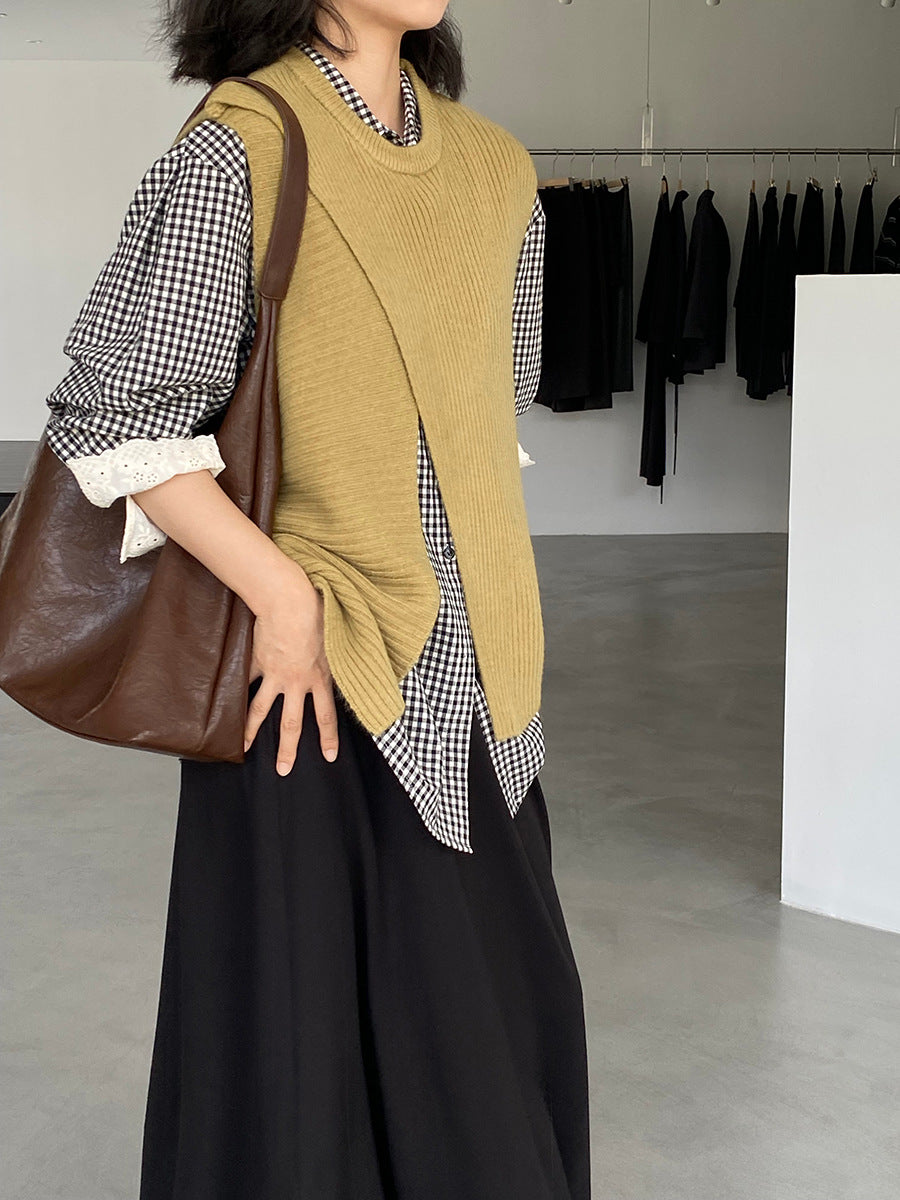 韓版不規則疊穿百搭款針織馬甲上衣-3色