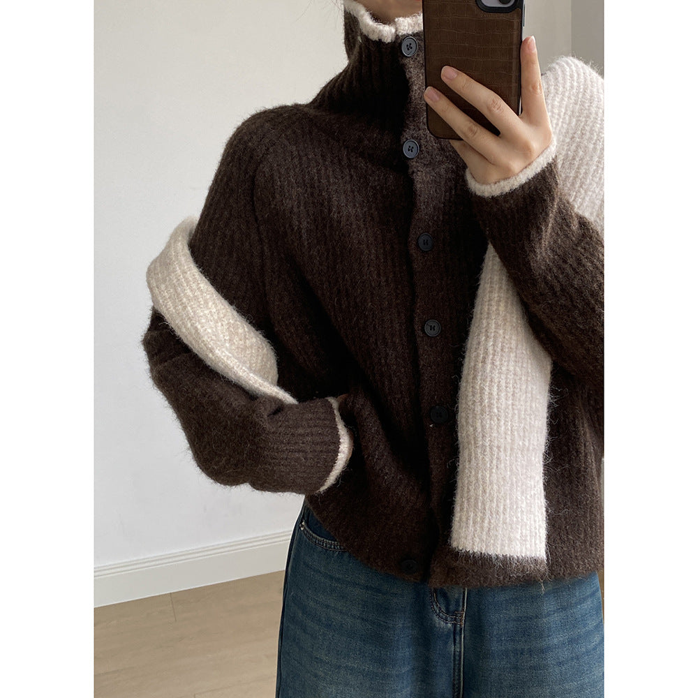 (48H出貨)韓系慵懶撞色翻領單排扣毛衣開衫外套-4色