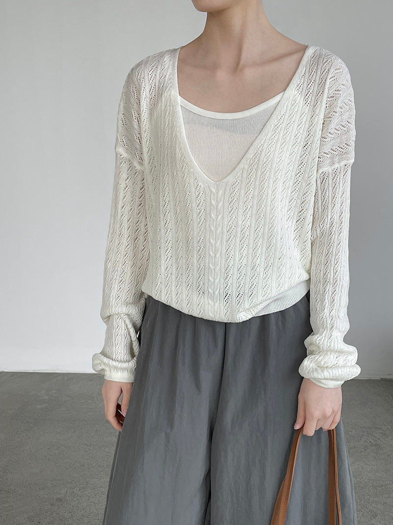 韓系鏤空V領防曬針織罩衫+吊帶上衣-兩件式套裝-4色