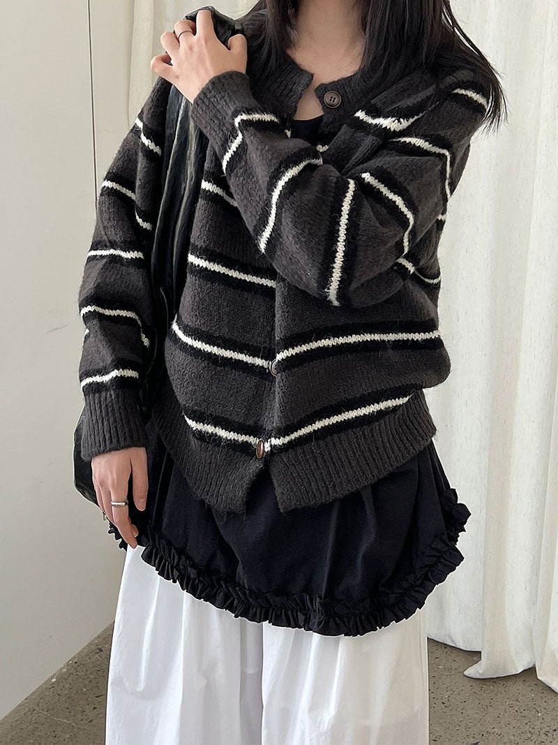 韓系短款羊毛撞色慵懶條紋針織開衫-3色