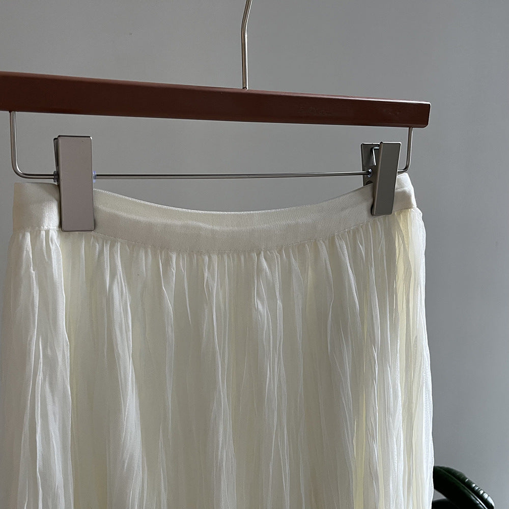 韓系高腰百褶A字網紗長裙-2色