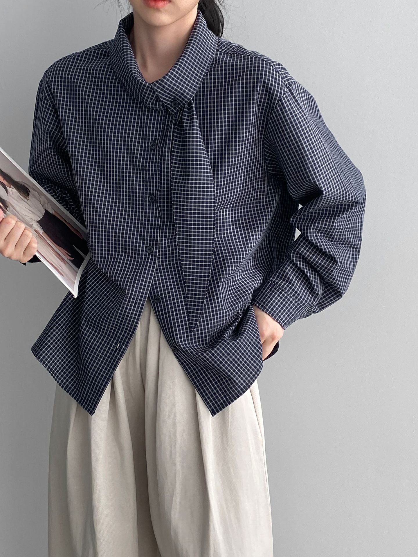 韓系設計感小衆領結格子襯衫-2色