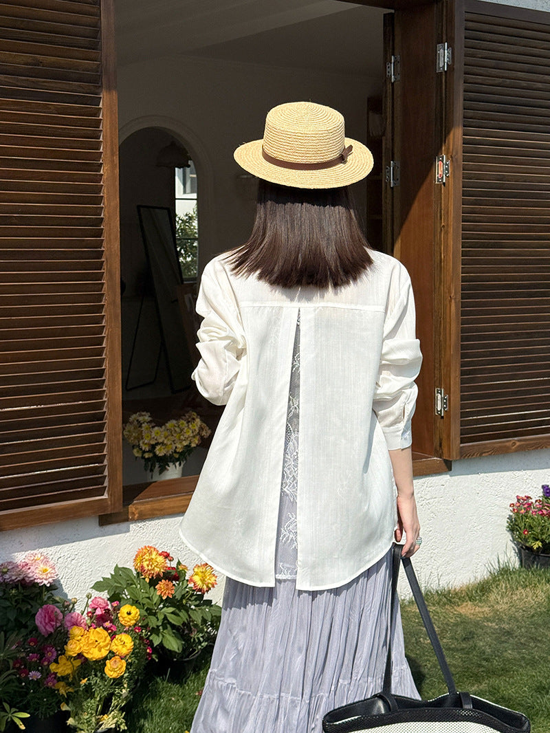 韓系天絲純欲感背後蕾絲純色襯衫外套-2色