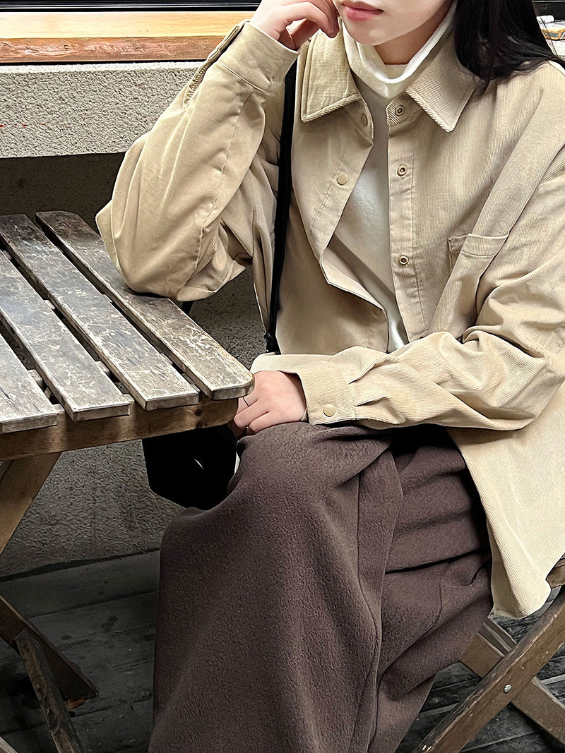 韓系復古寬鬆慵懶風翻領燈芯絨襯衫上衣外套-4色