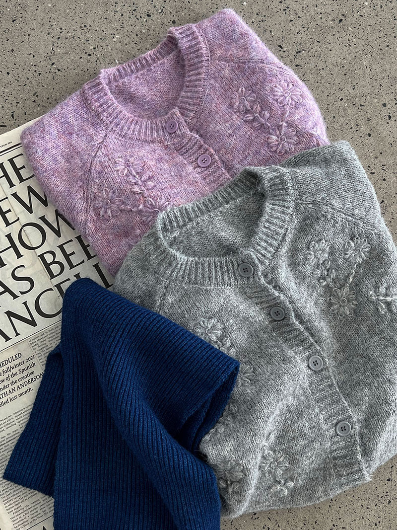 韓系立體手工花朵刺繡針織開衫外套-3色