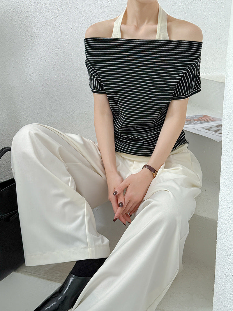 早秋撞色條紋掛脖蕩領露肩T恤-3色