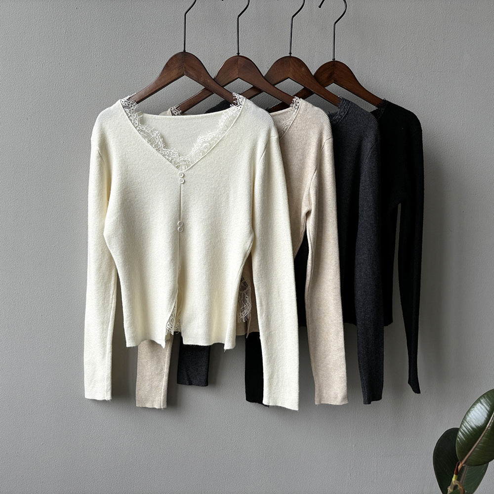 (48H出貨)法式蕾絲拼接V領針織打底衫-4色