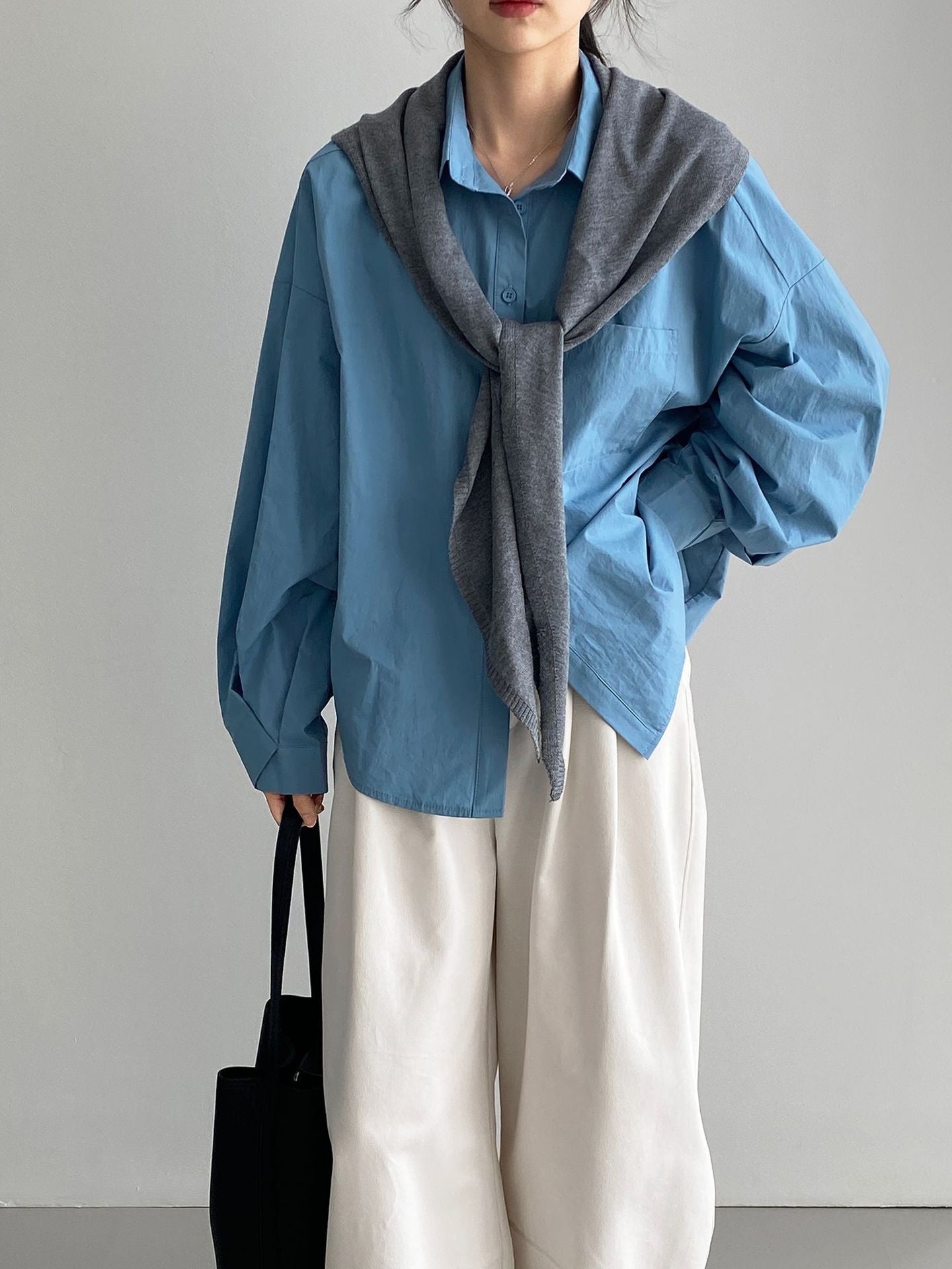 韓系純色慵懶風寬鬆燈籠袖襯衫-3色