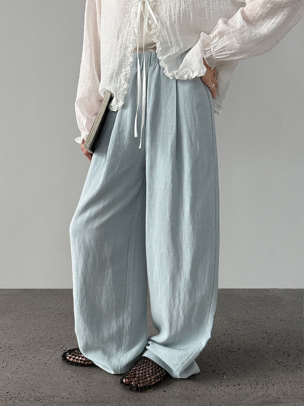 韓系亞麻垂墜感鬆緊腰闊腿褲-3色