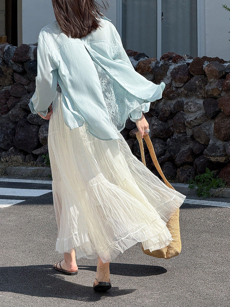 韓系天絲純欲感背後蕾絲純色襯衫外套-2色