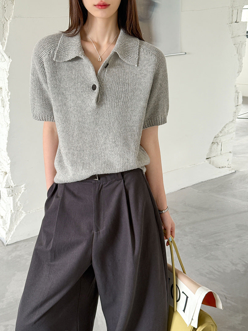 韓系氣質疊穿簡約Polo領針織顯瘦短袖毛衣-3色