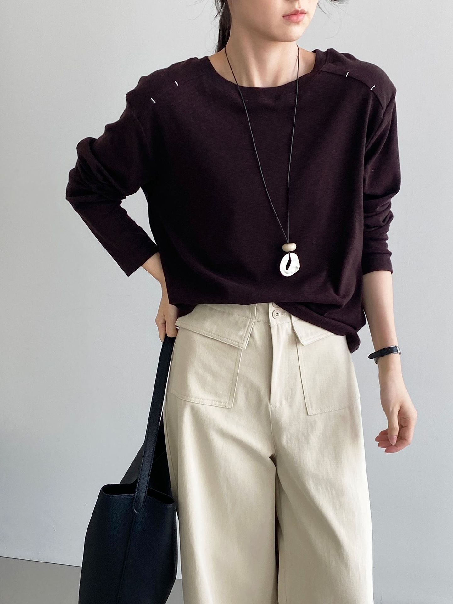 韓系設計款刺繡圓領長袖T恤-4色