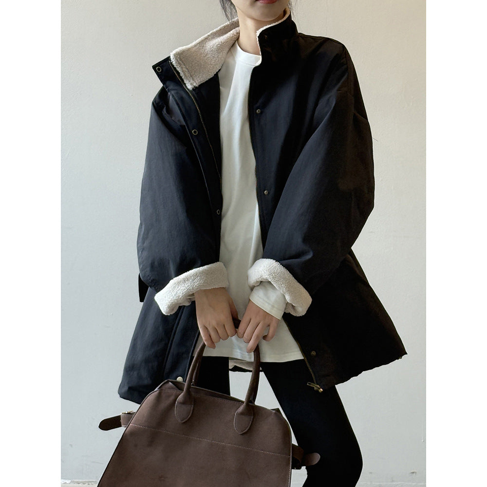 韓系設計感立領羊羔毛工裝保暖派克外套-2色