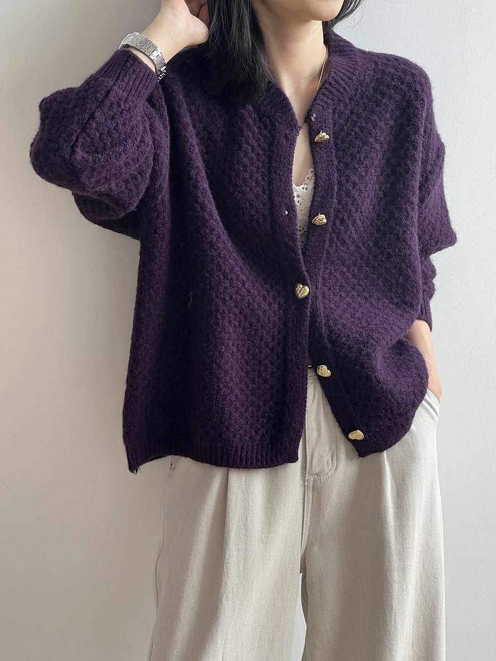 菠蘿紋愛心慵懶扣軟糯針織開衫-3色