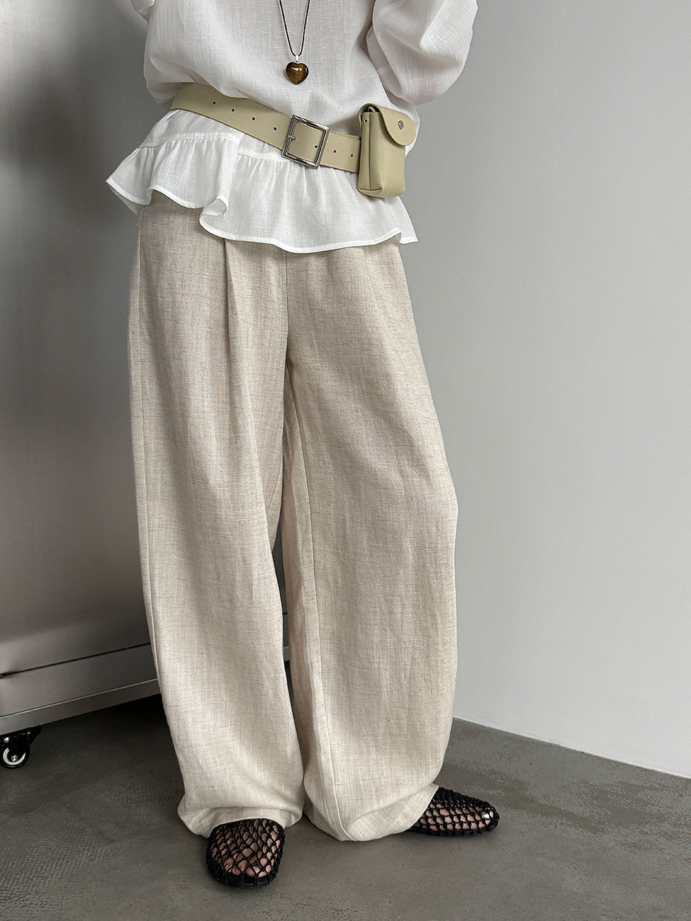 韓系亞麻垂墜感鬆緊腰闊腿褲-3色