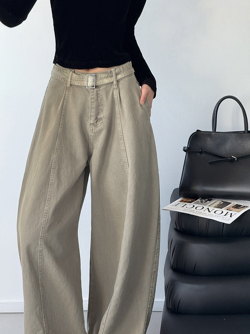 韓系復古高腰寬鬆顯瘦闊腿牛仔褲+腰帶-3色