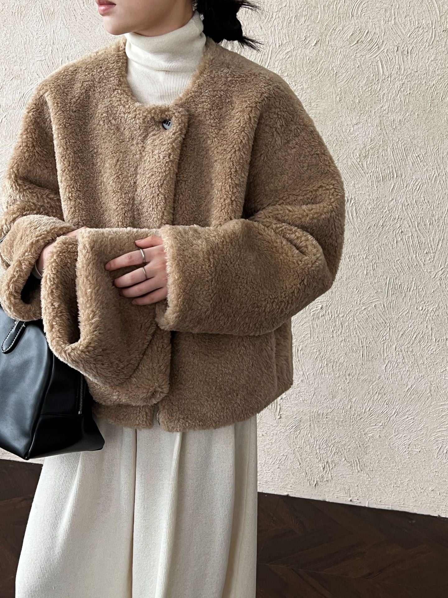 保暖毛絨皮草羊羔毛外套+圍巾-2色