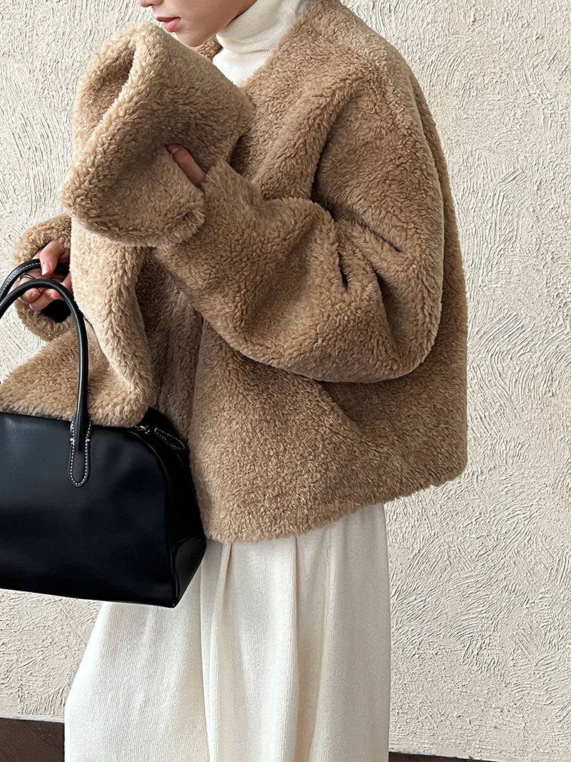 保暖毛絨皮草羊羔毛外套+圍巾-2色