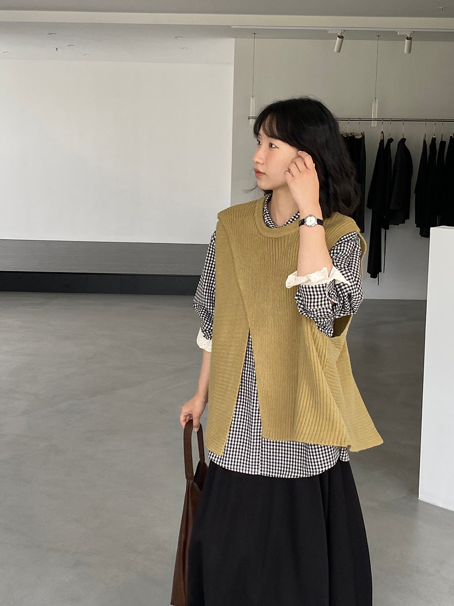 韓版不規則疊穿百搭款針織馬甲上衣-3色