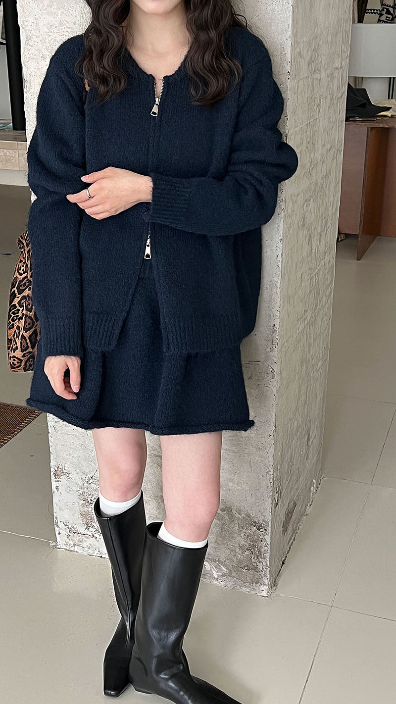 韓系軟糯休閒針織毛衣+卷邊A字短裙-兩件式套裝-3色