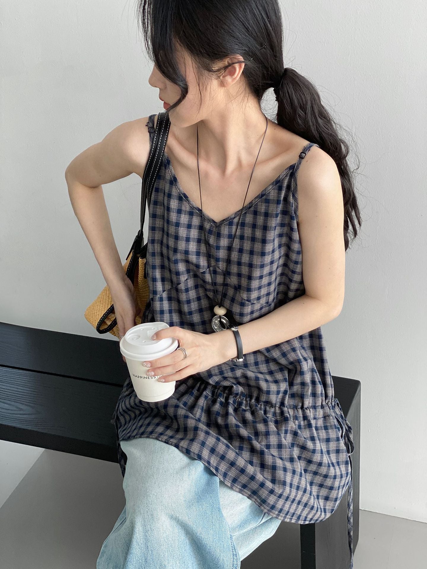 韓系純棉V領格紋收腰背心上衣