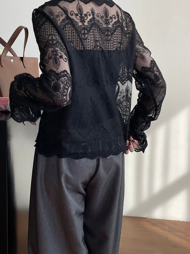 V領蕾絲法式高級刺繡長袖襯衫-2色