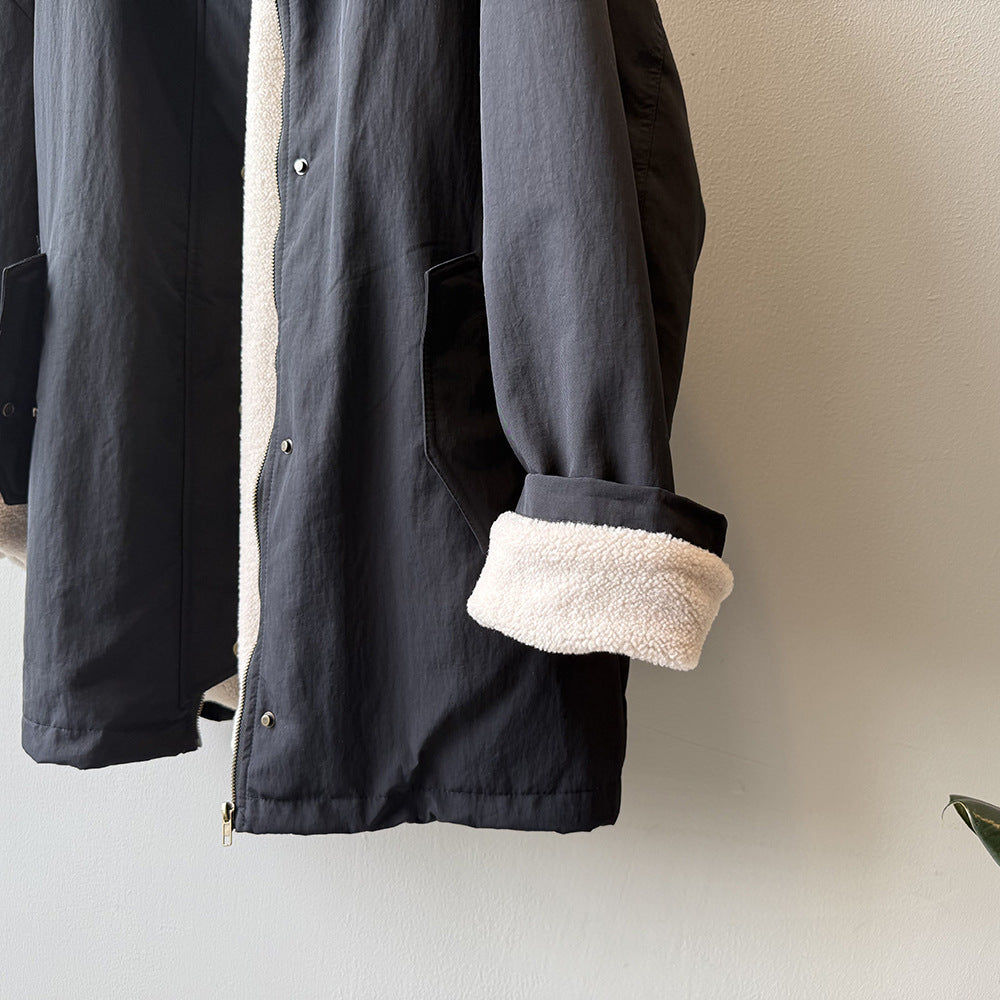 韓系設計感立領羊羔毛工裝保暖派克外套-2色