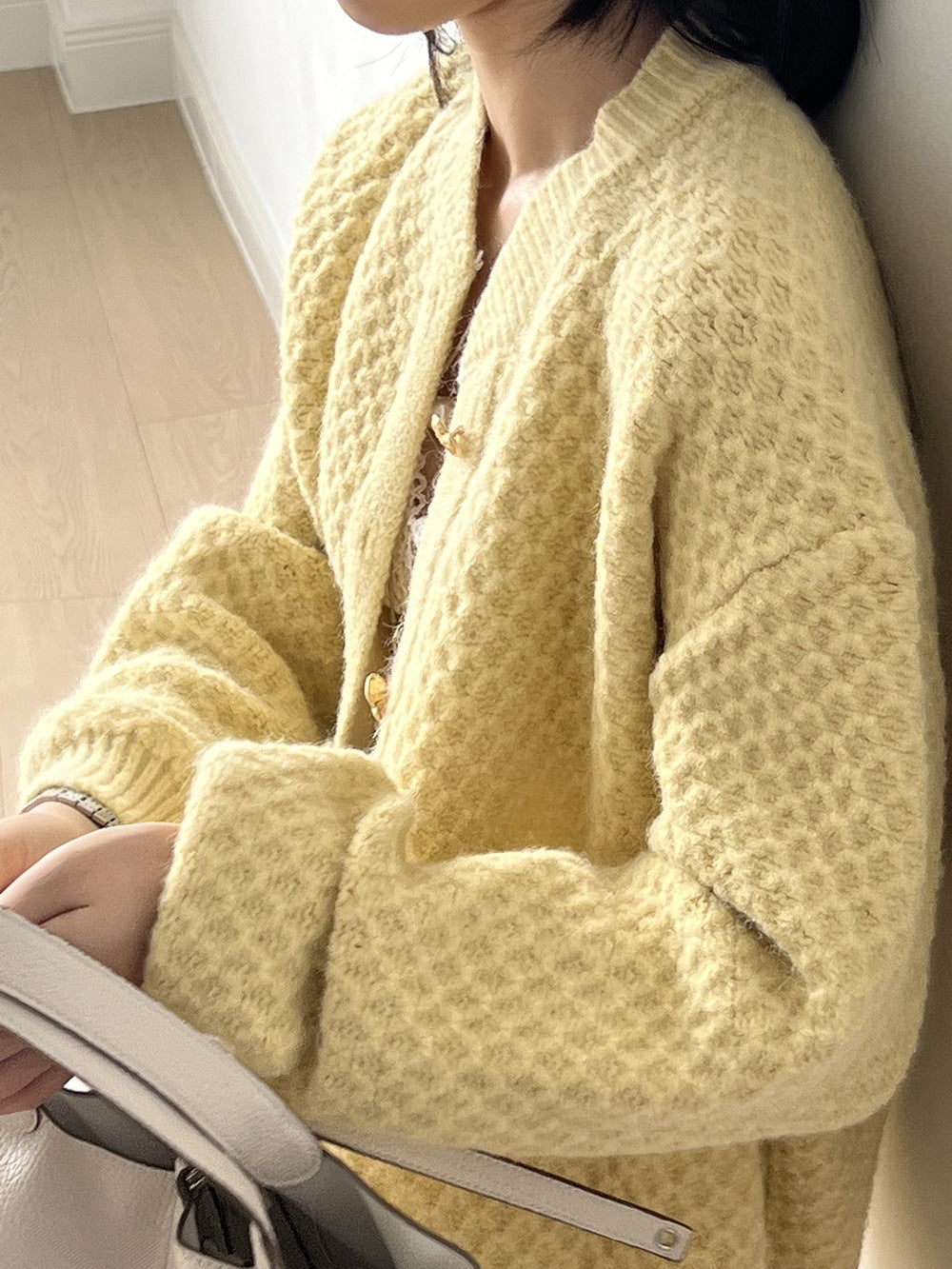 菠蘿紋愛心慵懶扣軟糯針織開衫-3色