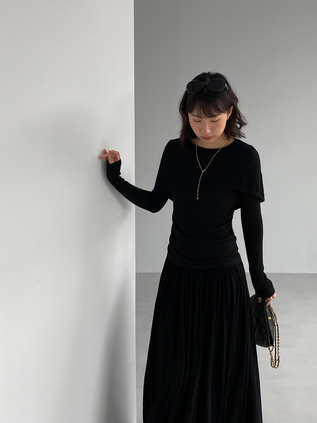 假兩件斗篷款修身長袖針織上衣-6色