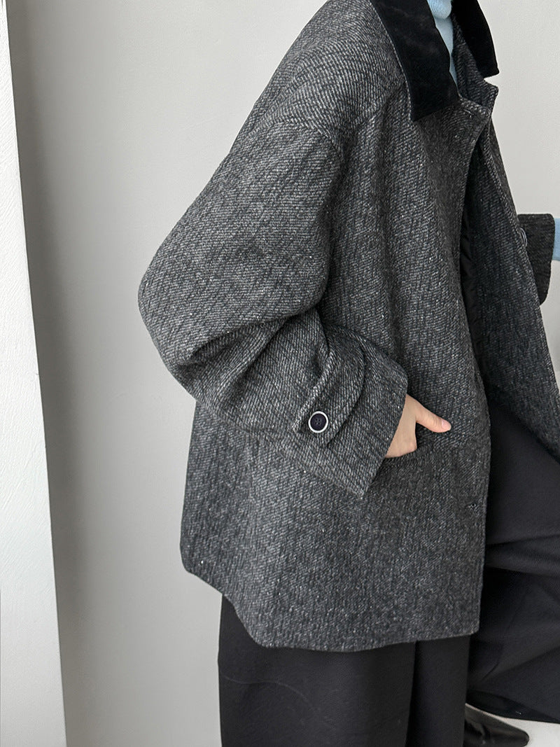 韓系復古翻領氣質撞色羊毛夾克外套-2色