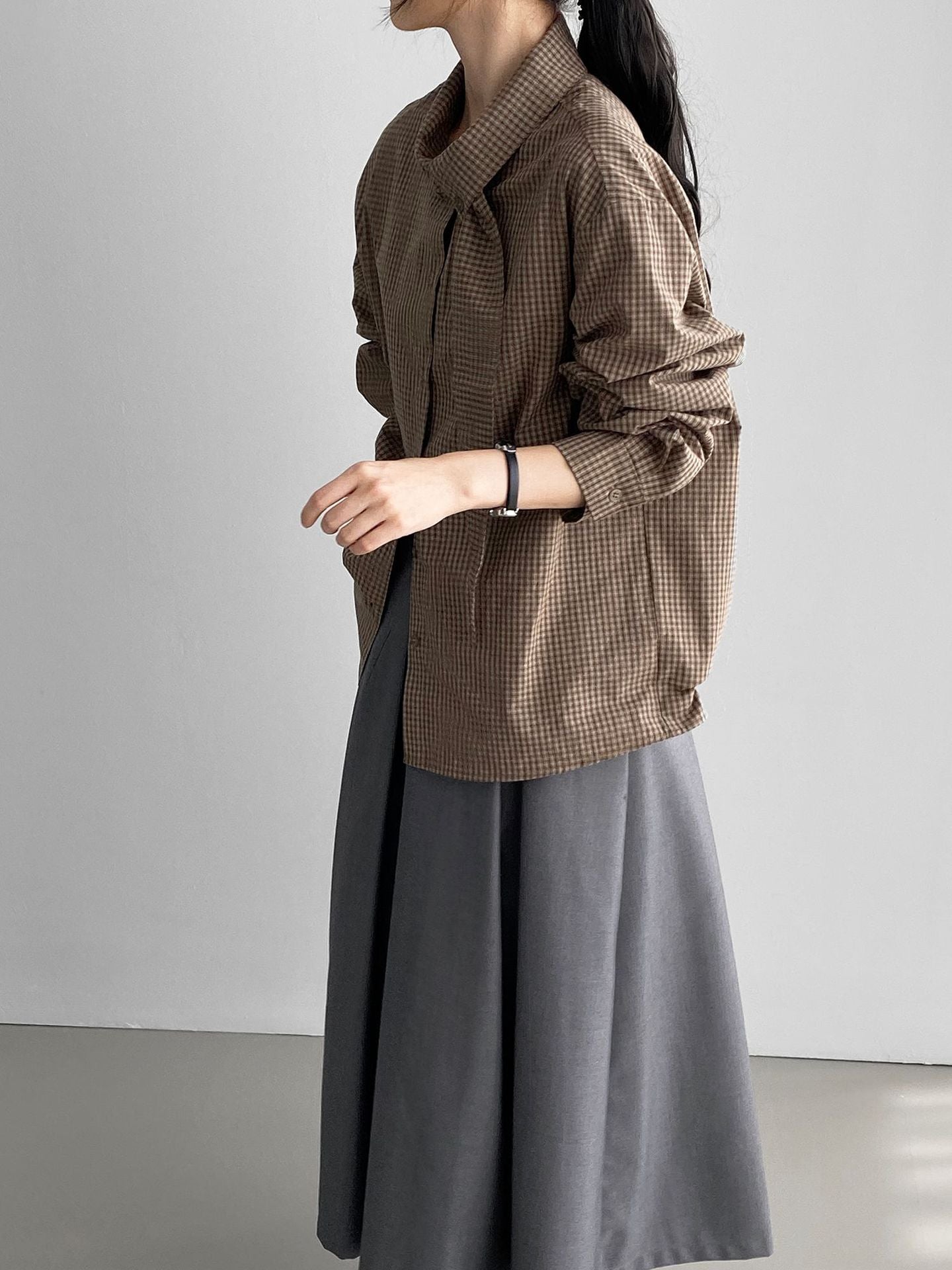 韓系設計感小衆領結格子襯衫-2色