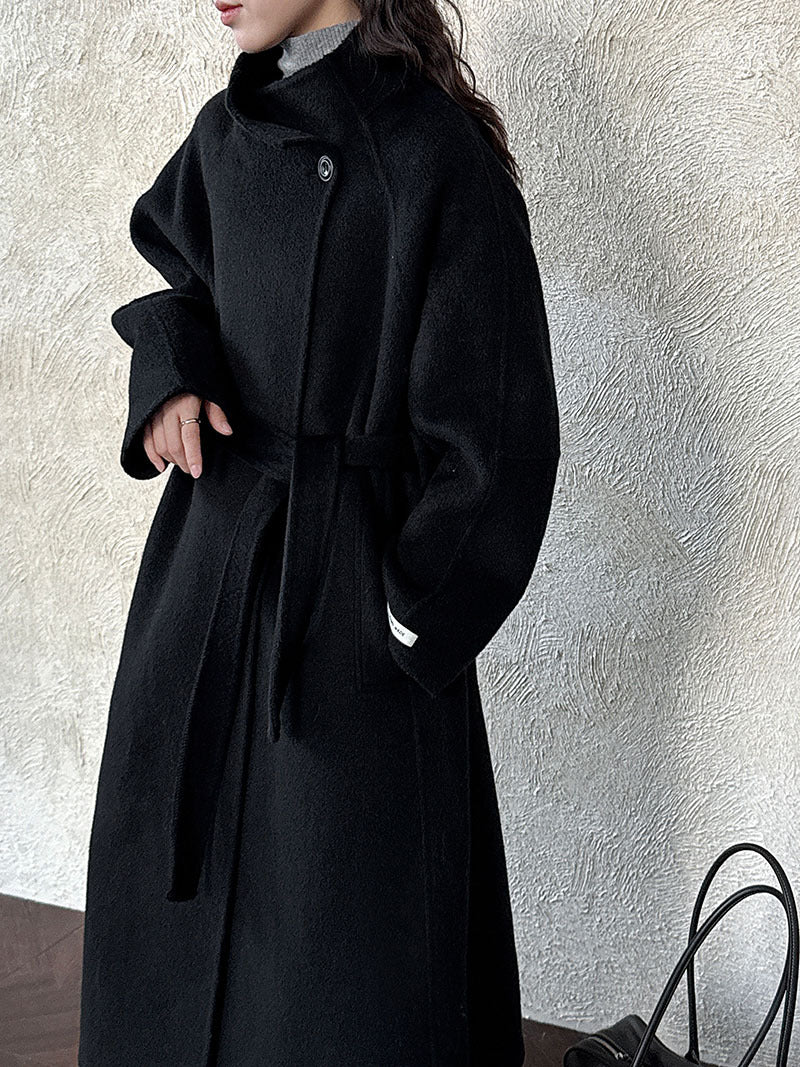 韓版慵懶斜扣領長款雙面呢羊毛大衣外套-3色