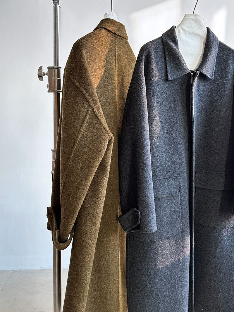 韓系高質感羊毛翻領拉鍊雙面呢大衣外套-2色