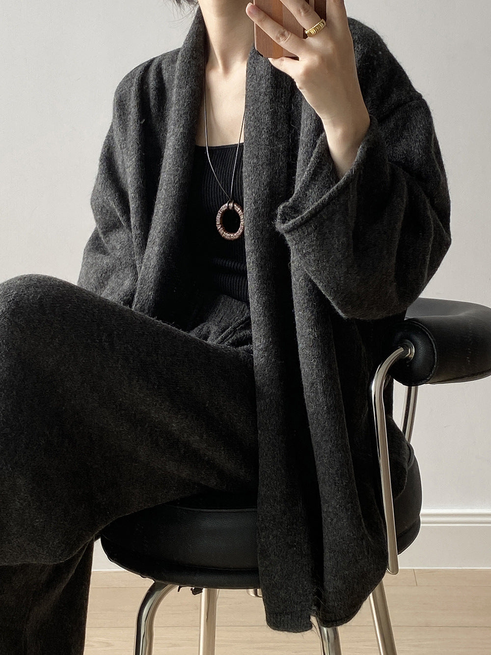 (48H出貨)高級慵懶風繫帶針織開衫+高腰闊腿褲-兩件式套裝-3色