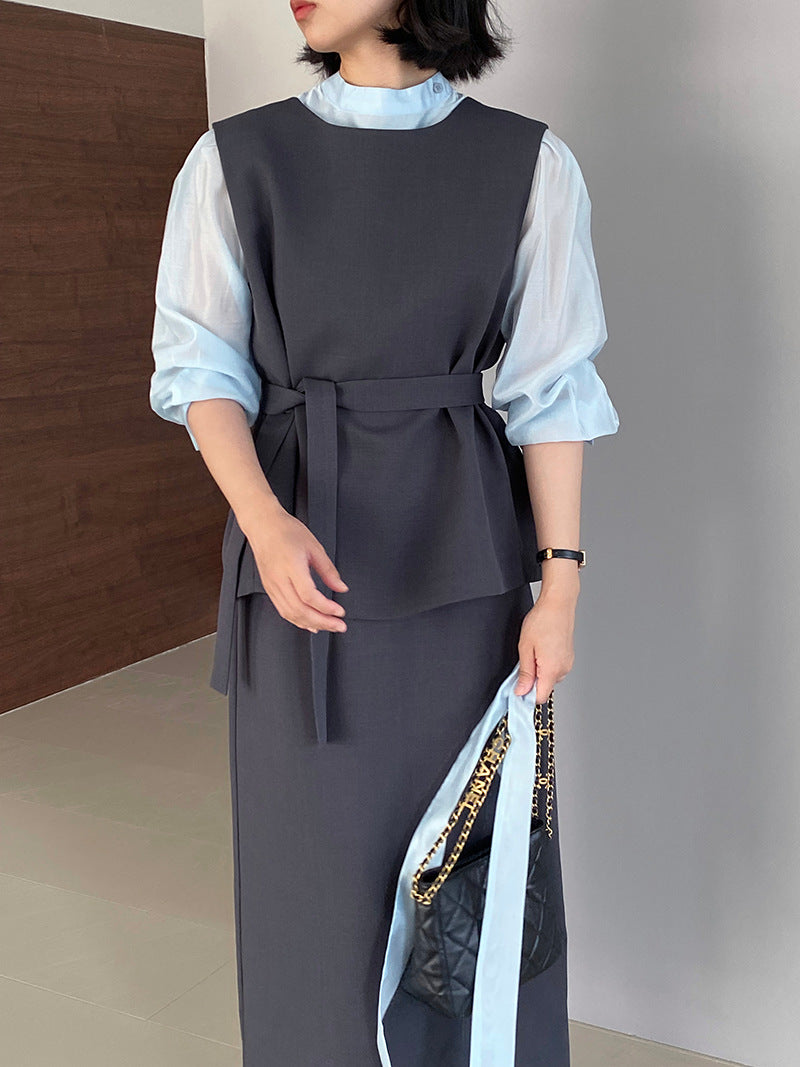 韓版高品質顯瘦西裝無袖馬甲+半身裙+配腰帶-三件式套裝