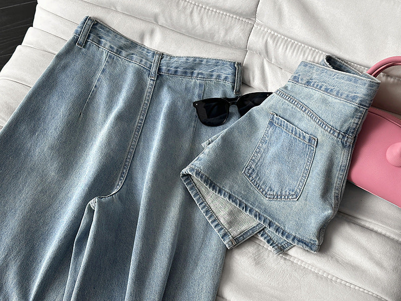 韓系小衆水洗可拆牛仔屁簾高腰顯瘦直筒牛仔褲