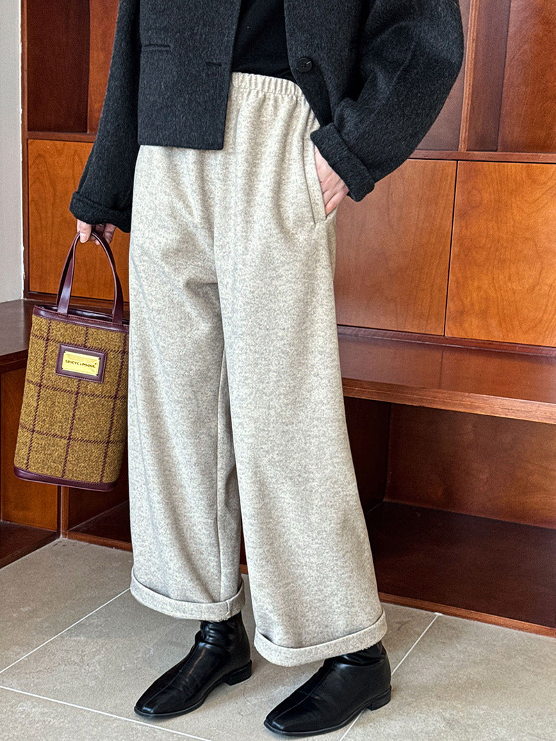 韓版寬鬆質感仿羊絨九分闊腿褲-3色